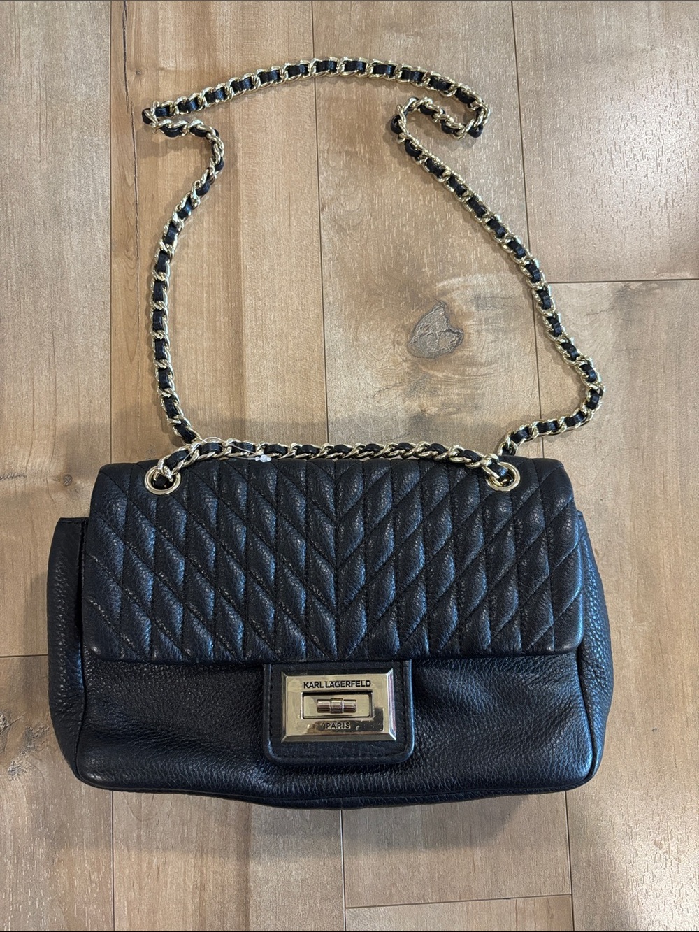Karl Lagerfeld Black Quilted Leather Shoulder Bag with Gold Chain
